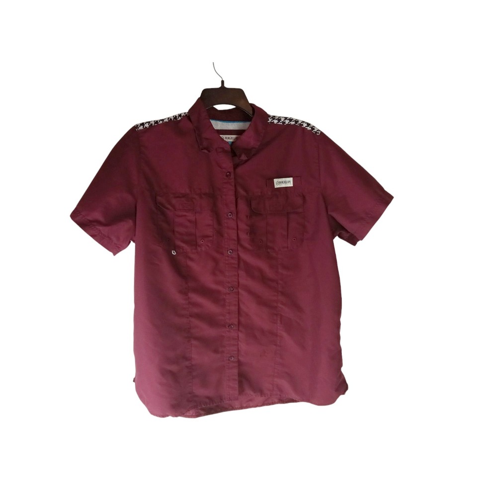 Magellan Women Shirt Maroon Houndstooth Relaxed Fit Button Up Fish Gear Size 1X